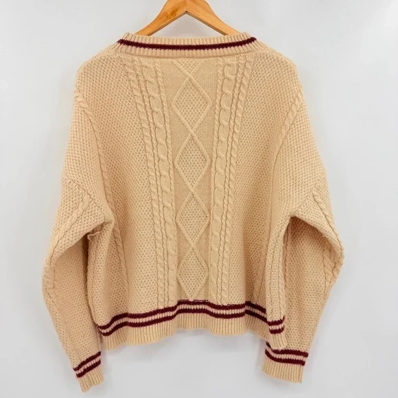 Hand Knitted Beige Cardigan With Red Stars Over Sized Medium - Picture 2 of 7